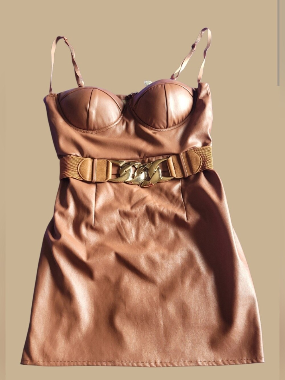 MY BOO BROWN/CAMEL VEGAN FAUX LEATHER MINI DRESS SZ. LARGE